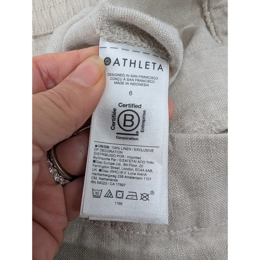 Athleta Voyager Size 6 Tan 100% Linen Zip Up Mini Skirt Adjustable Snap Pockets